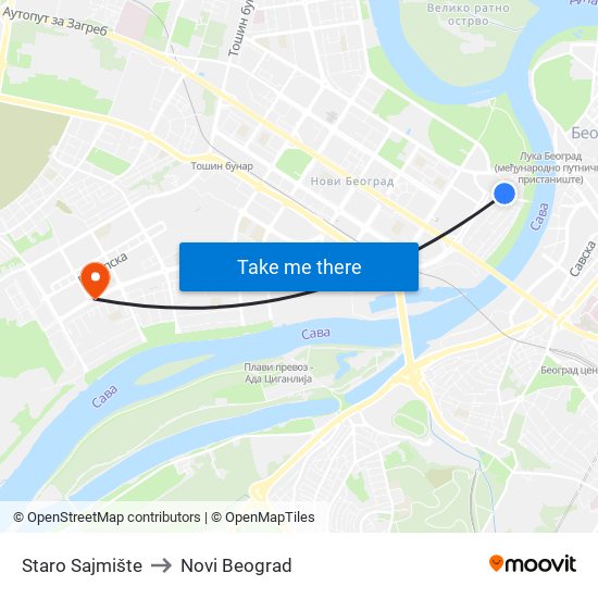 Staro Sajmište to Novi Beograd map