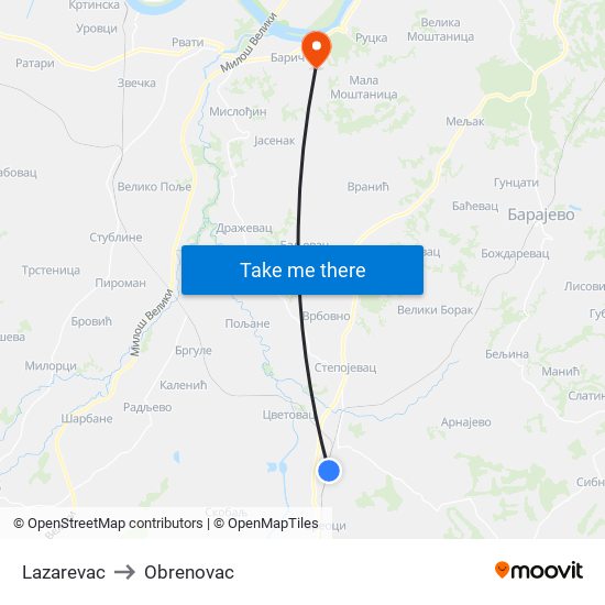 Lazarevac to Obrenovac map