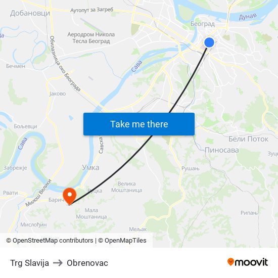 Trg Slavija to Obrenovac map