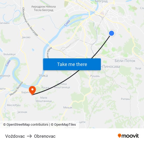 Voždovac to Obrenovac map