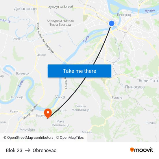 Blok 23 to Obrenovac map