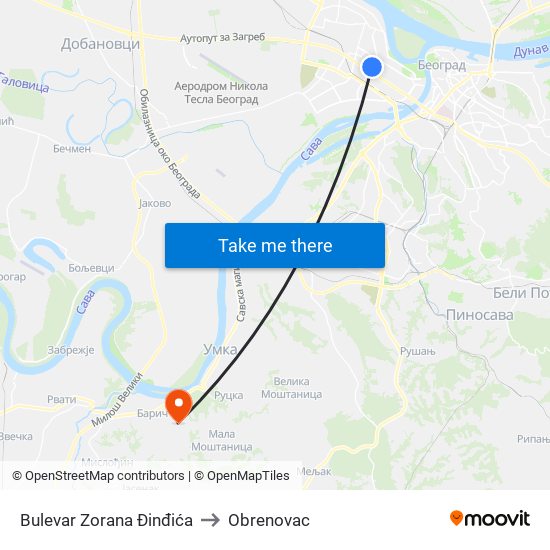 Bulevar Zorana Đinđića to Obrenovac map