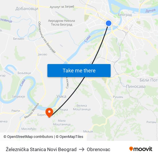 Železnička Stanica Novi Beograd to Obrenovac map