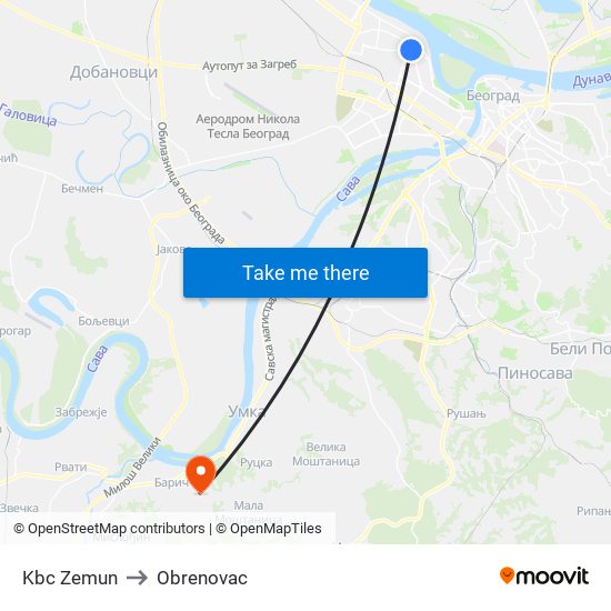 Kbc Zemun to Obrenovac map