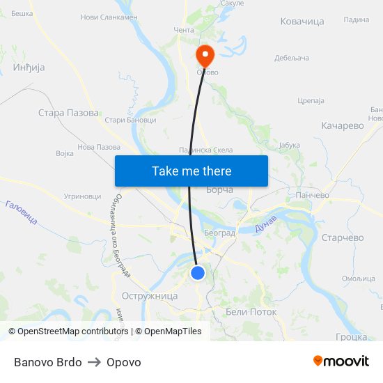 Banovo Brdo to Opovo map