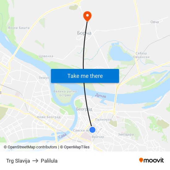 Trg Slavija to Palilula map