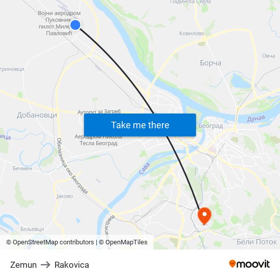 Zemun to Rakovica map