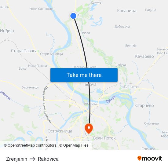 Zrenjanin to Rakovica map