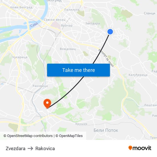 Zvezdara to Rakovica map