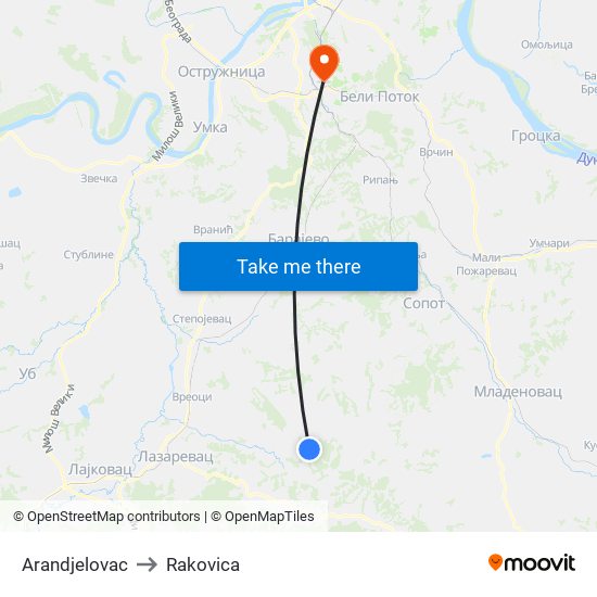 Arandjelovac to Rakovica map