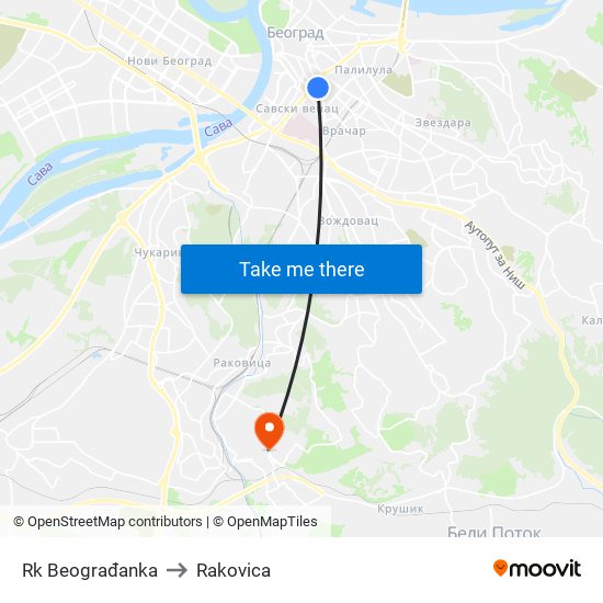 Rk Beograđanka to Rakovica map