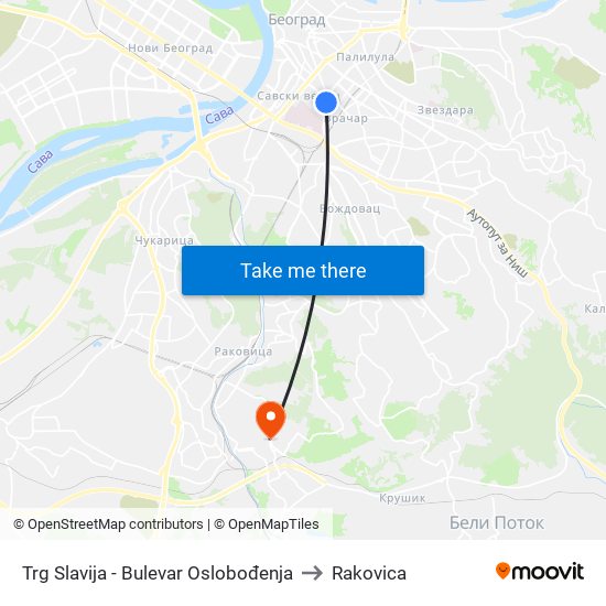 Trg Slavija - Bulevar Oslobođenja to Rakovica map