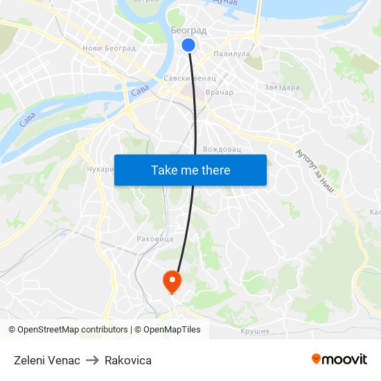 Zeleni Venac to Rakovica map