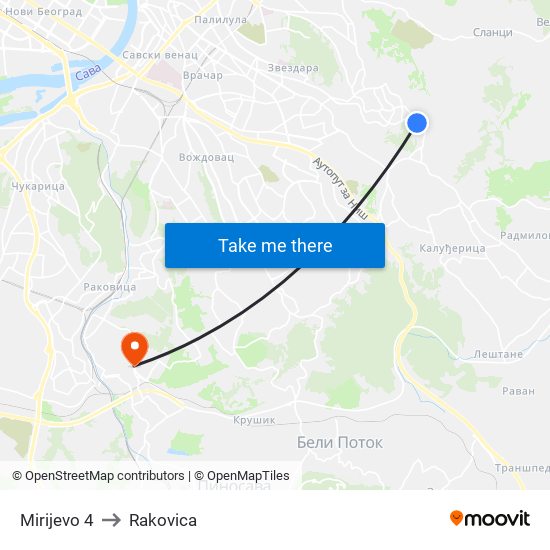 Mirijevo 4 to Rakovica map