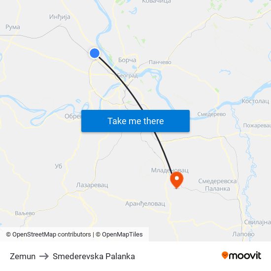 Zemun to Smederevska Palanka map