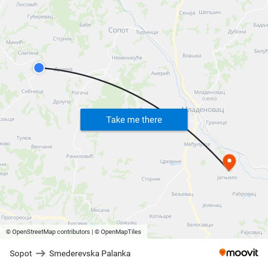 Sopot to Smederevska Palanka map