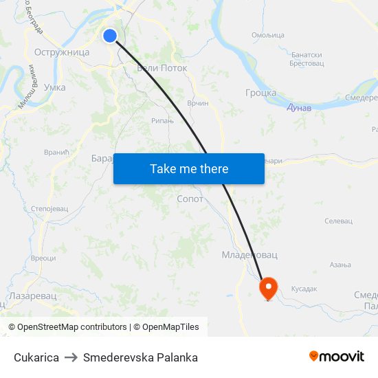 Cukarica to Smederevska Palanka map