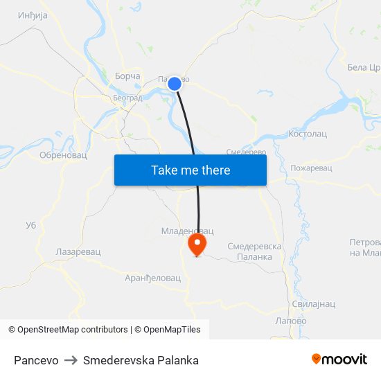 Pancevo to Smederevska Palanka map