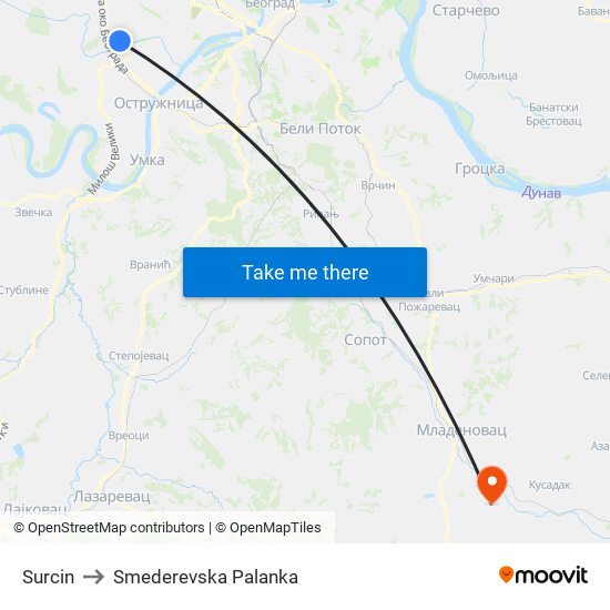 Surcin to Smederevska Palanka map