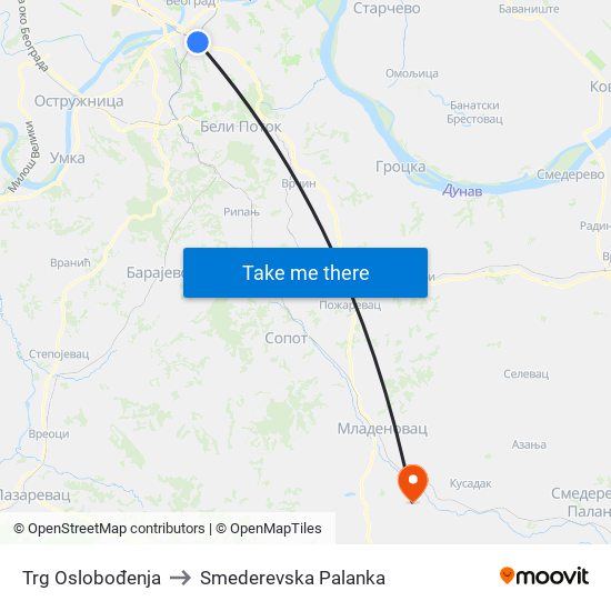 Trg Oslobođenja to Smederevska Palanka map