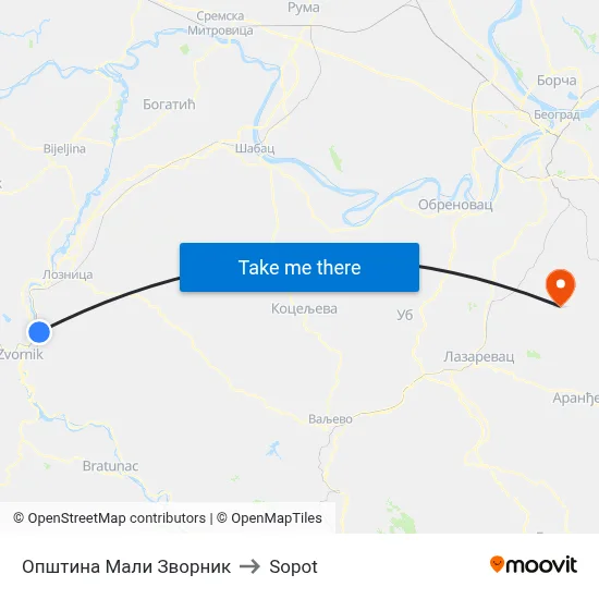 Mali Zvornik Municipality to Sopot map