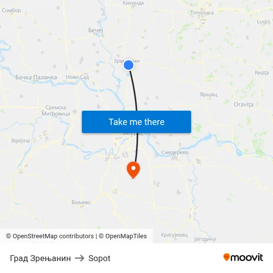 City of Zrenjanin to Sopot map