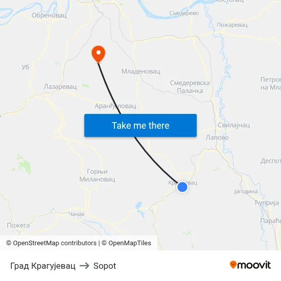 Kragujevac City to Sopot map