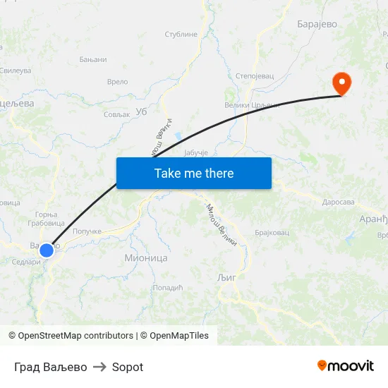 City of Valjevo to Sopot map