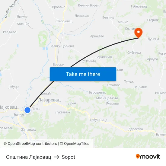 Lajkovac Municipality to Sopot map