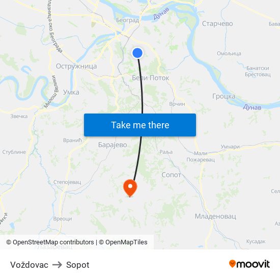 Voždovac to Sopot map