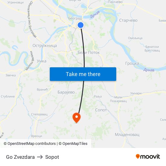 Go Zvezdara to Sopot map