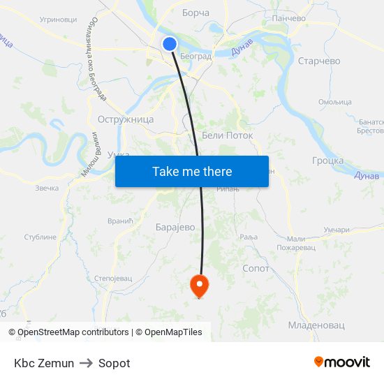 Kbc Zemun to Sopot map