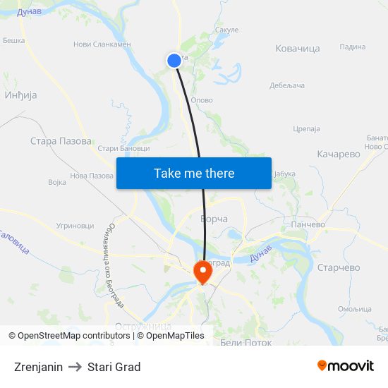 Zrenjanin to Stari Grad map