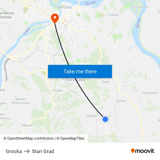 Grocka to Stari Grad map