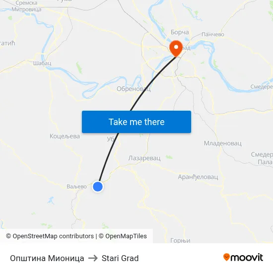 Mionica Municipality to Old Town map