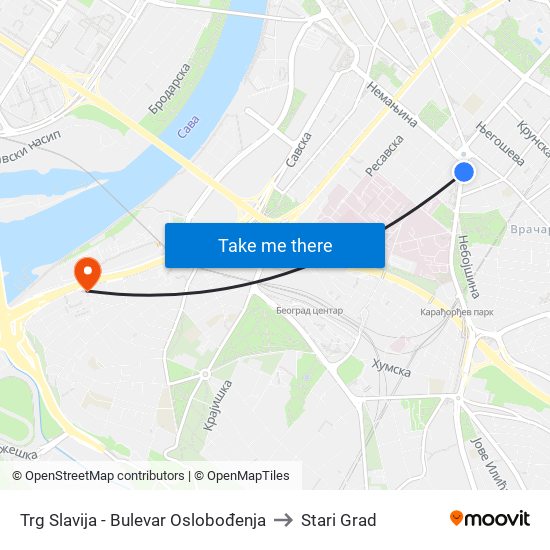 Trg Slavija - Bulevar Oslobođenja to Stari Grad map