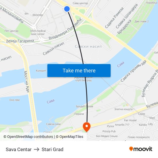 Sava Centar to Stari Grad map