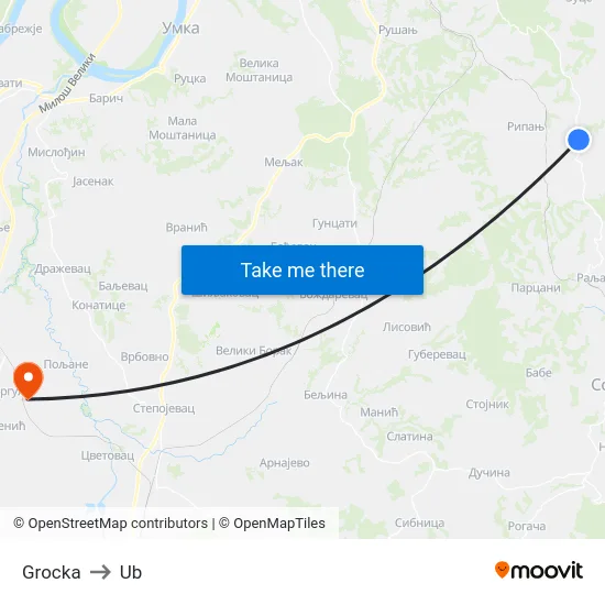 Grocka to Ub map