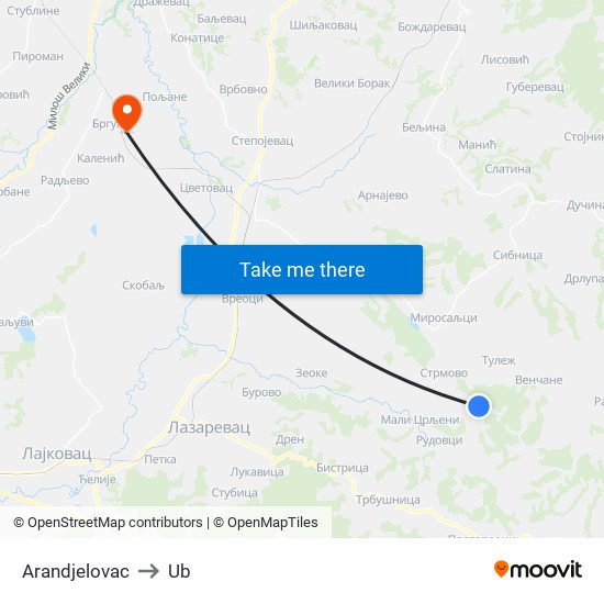 Arandjelovac to Ub map