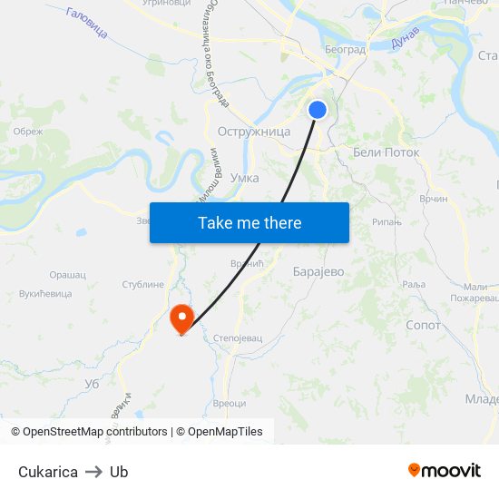 Cukarica to Ub map