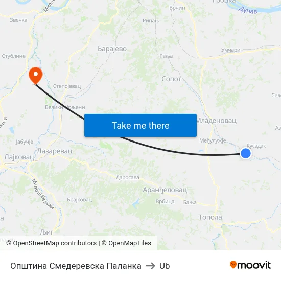 Smederevska Palanka Municipality to Ub map