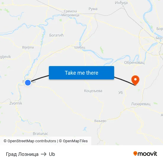 City of Loznica to Ub map