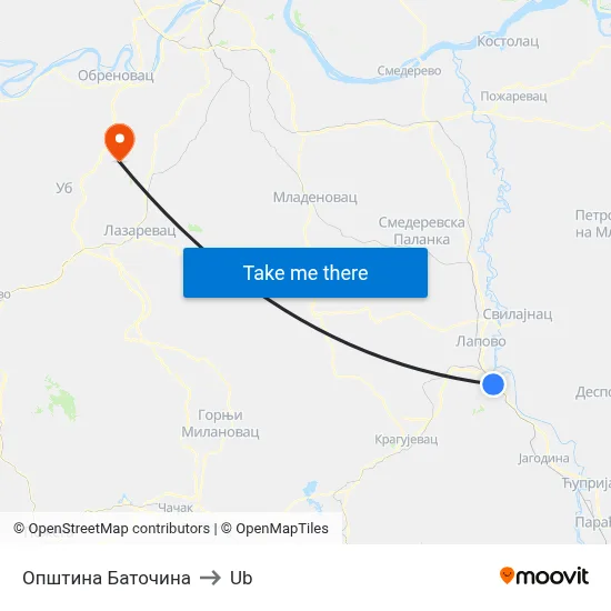 Batočina Municipality to Ub map