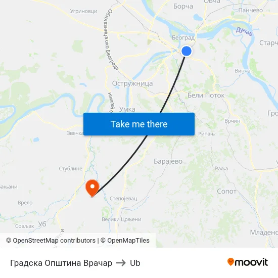 Vracar Municipality to Ub map