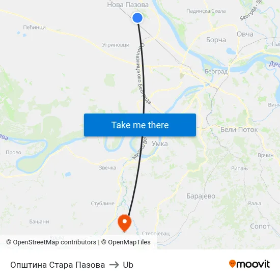 Stara Pazova Municipality to Ub map