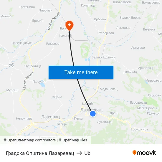 Lazarevac City Municipality to Ub map