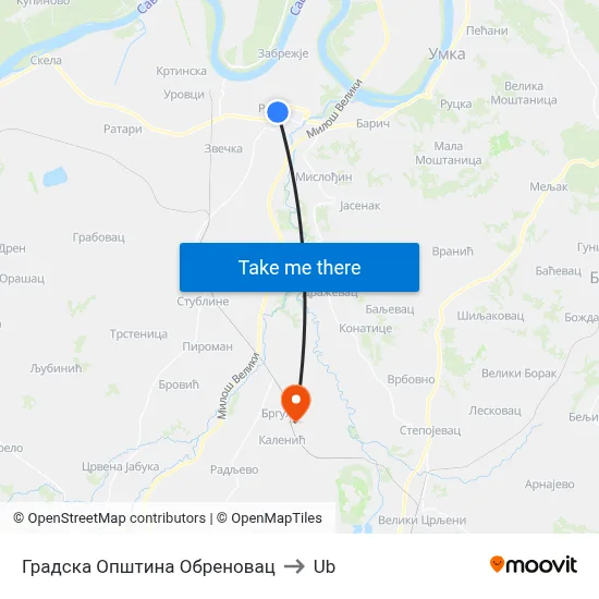 Obrenovac City Municipality to Ub map