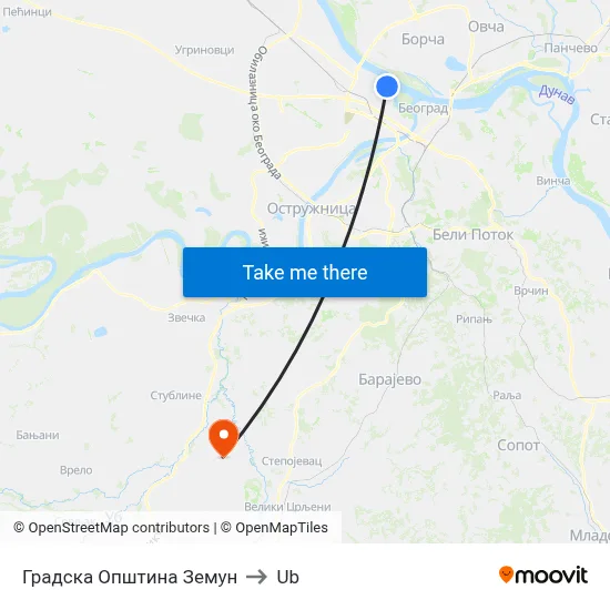 Zemun City Municipality to Ub map