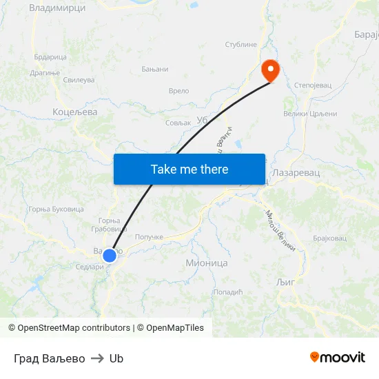 City of Valjevo to Ub map