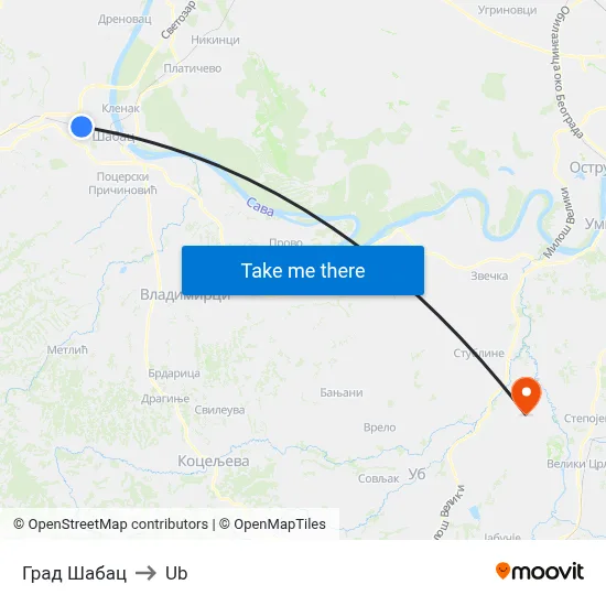 City of Šabac to Ub map